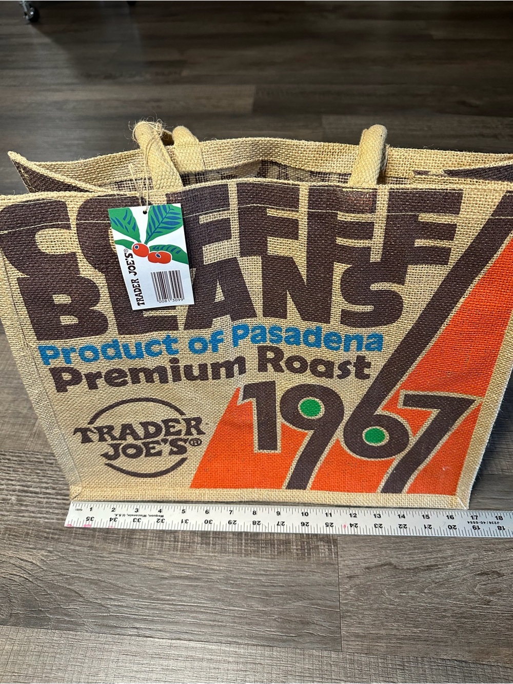 NWT Trader Joe's 1967 Coffee Beans Jute Tote Bag - Natural, Orange, Brown, Blue - Picture 4 of 7